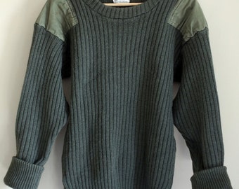Quartermaster Vintage Military British Wool Sweater English Jumper 44 / elbow patches Large / Wooly Pully / Army green sweater drab UK
