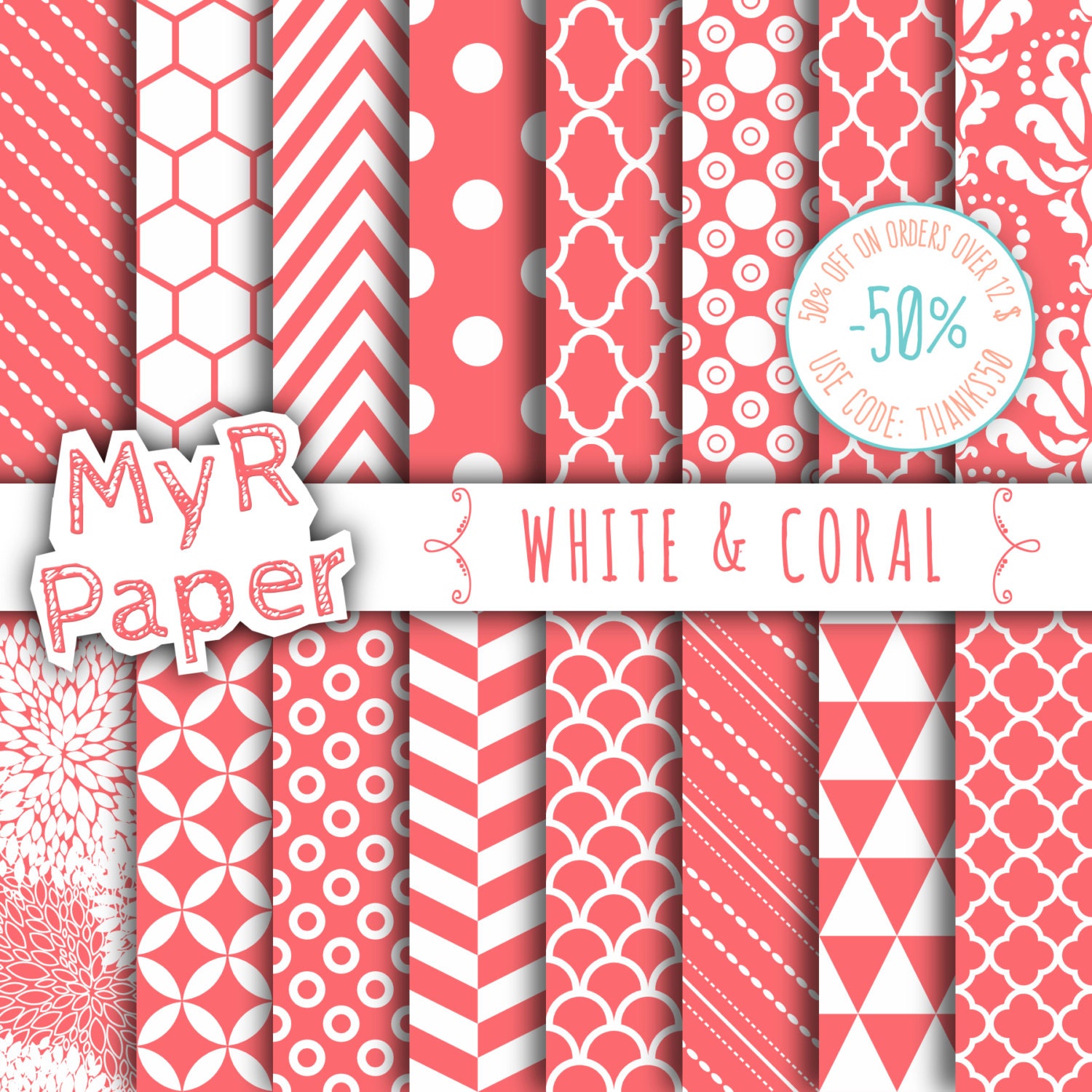 SALE 50 Coral Digital Paper White Coral