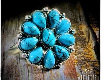 1990s Bohemian Chic Turquoise Floral Alloy Statement Ring Size 6 | Hypoallergenic Rings | Fashion Rings | Womens Rings | Statement Jewelry