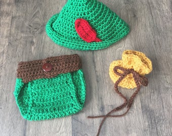 Peter Pan Inspired Outfit 3-Piece Set Including Hat, Diaper Cover, and Money Bag Handmade Crocheted RTS Made in the USA