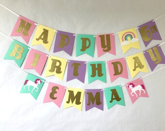 Unicorn Birthday Banner - gold glitter - party supplies - rainbow party - pastel