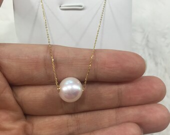 Single pearl necklace,freshwater pearl necklace,Round Off White Fresh Water Pearl Floating on Delicate 18k Gold Chain Necklace,pearl pendant