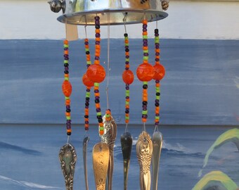 Vintage Shabby Chic Kitchenware Silverware and Glass Bead Wind Chime ORANGE & PURPLE