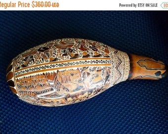 Large Mexican traditional hand carved on gourd decorated animals and figurines