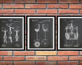 Set of 3 Wine Patents 1883 Cork Screw - 1988 Wine Glass Patent - 1903 Wine Press Patent Art Print Poster -Winery Wall Art - Wine Tour Art