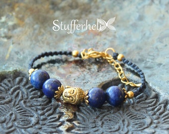 Lapis lazuli bracelet, lapis lazuli jewelry, Buddha bracelet, yoga strap, macrame bracelet, macrame jewelry, dark blue, golden
