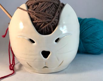 Large ceramic white kitty yarn bowl