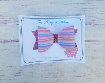 Rainbow striped Bow, Fabric Bow, Glitter Bow, Felt Bow