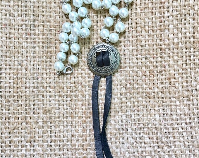 Concho Necklace, Black Suede Necklace, Tassel Necklace, Pearl Necklace, Western Necklace, Boho Concho Necklace, Rosary Necklace