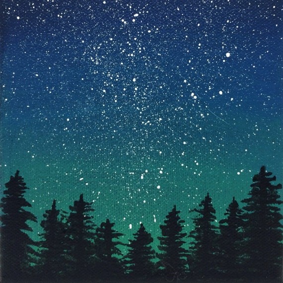 Items similar to Starry Night Sky Pine Trees, Acrylic Canvas Painting, Blue Green 5x7 Original