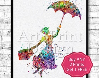 Mary Poppins 2 Watercolor Print llustrations Kid's Room Wall Poster Giclee Wall Decor Home Decor Wall Hanging Mary Poppins Art Poster Print