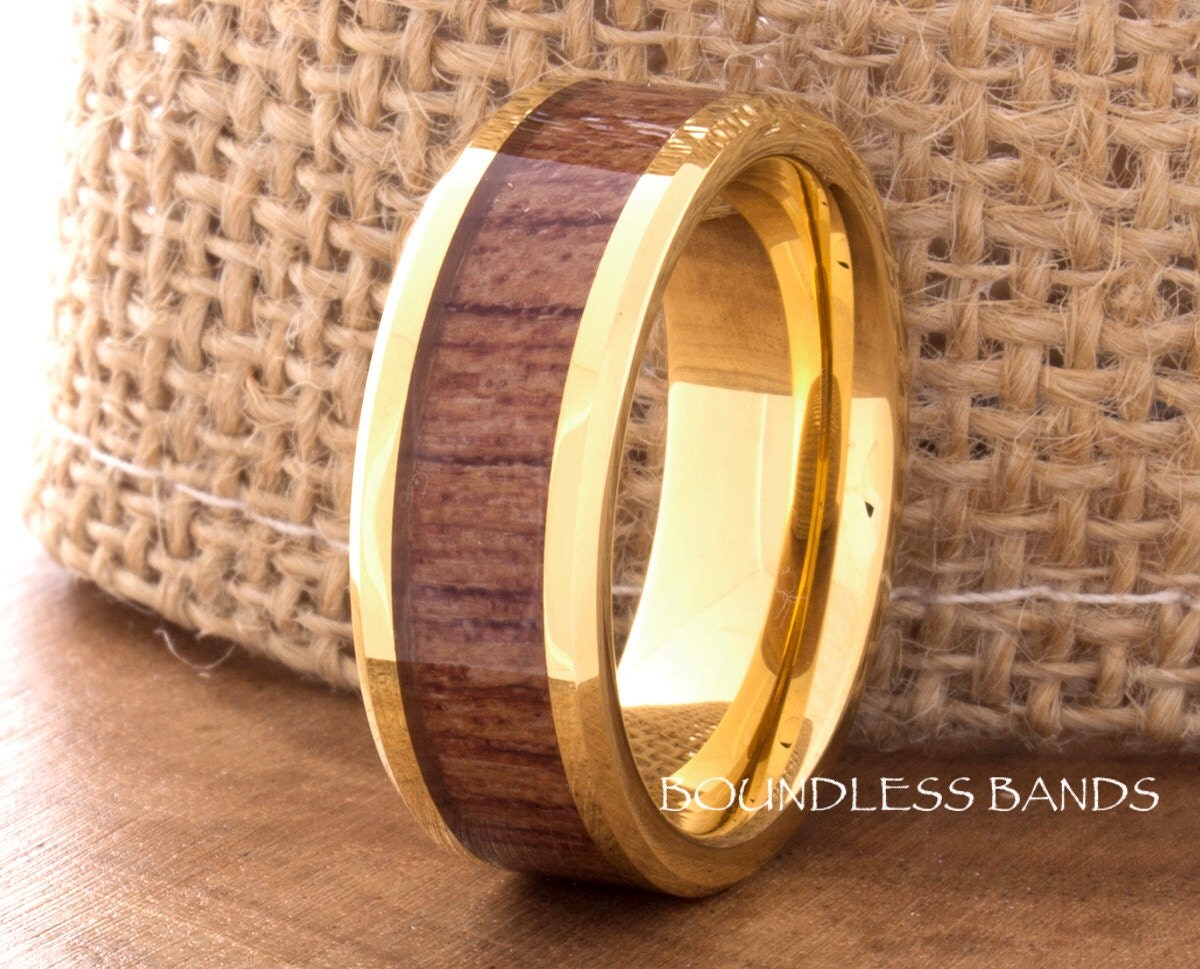Tungsten Ring Yellow Gold Plated Wood Inlay Wedding Band 8mm Polished Tungsten Band Hers His Womens Mens Ring Hawaiian Koa Wood Comfort Fit