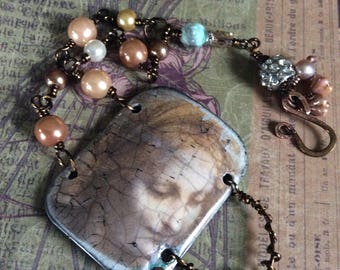 Temporary RESERVED Lady In Pearls....Artisan Cuff, Orginal Art, French, Rustic Assemblage, Wirewrapped, Only One, JustSlightlyVintage