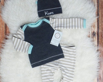 Baby boy clothes/ Charcoal and bamboo stripes + mint/ Personalized baby hat/ Coming home outfit/ Baby boy outfit/ Baby shower gift