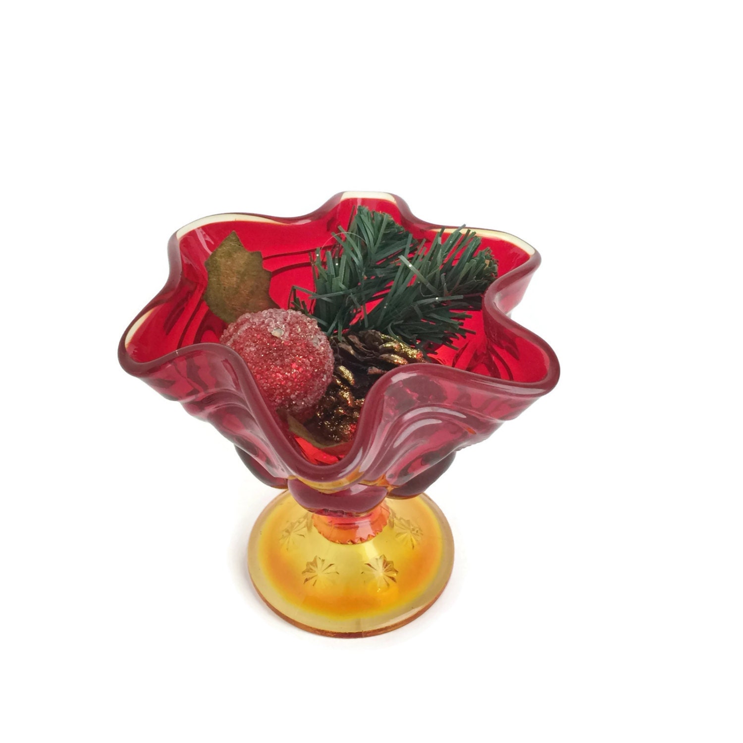 Le Smith Glass Moon And Stars Amberina Glass Footed Compote