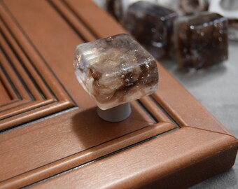 Earthy Rain Square Glass Knob, Iridesent bubbles and bronze glass knob, chunky knob