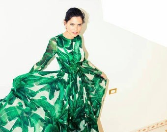 AVAILABLE !!! Banana# leaf# made to order# chiffon#fabric #dress available also in floral print #