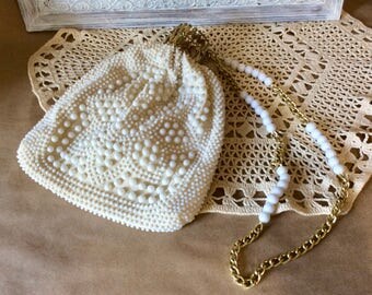 1950s Creamy Ivory Corde Bead Bag with Gold Tone Accordion Expandable Opening - Authentic Vintage Purse - Vintage Wedding Bridal Accessory,