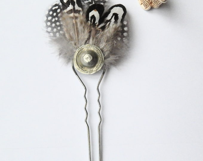 Tribal hair pin , white brown feather barette , silver ethnic pin , festival hair comb , vintage kuchi button pin , bohemian boho headdress