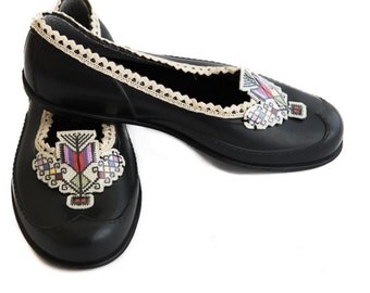 Black Women Shoes, Wife Gift Shoes, Embroidered Shoes, Black Barefoot Shoes, Folk Art Shoes, Goth Shoes, Steampunk Shoes, Rustic Shoes