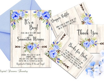 Boho Baby Boy Shower Invitation Printable Boho Floral Baby Shower Invite Blue Baby Invitation Its a Boy Baby Invitation Rustic Baby Shower