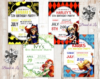 DC Comics Batgirl Harley Quinn Poison Ivy Supergirl Invitations Envelopes Super Heroes Villains Justice League Custom Birthday Baby Shower