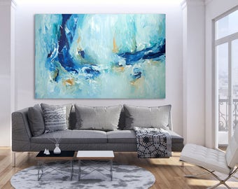 LARGE ABSTRACT Painting, Blue Green Abstract Art, Modern Art Canvas Painting, Original Acrylic Painting, Wall Art, Wall Decor Home Interiors