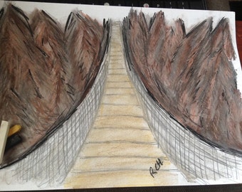 Charcoal SoftPastel Graphite Woodland Bridge Sketch Drawing A4