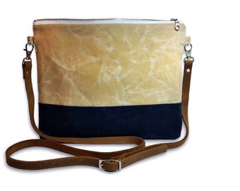 Waxed Canvas and Leather Crossbody Bag in Natural and Navy - Day Bag - Adjustable Crossbody Purse