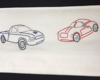 Vintage pillowcase with embroidery cars