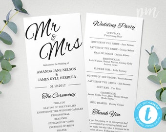 Printable Wedding Program Template Mr & Mrs , Instant Download Ceremony Program, Edit in Our Web App, Clean and Cursive, Tea Length Program