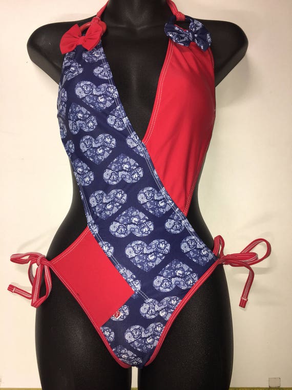ORIGINAL *** MissManeater NAUTICAL spliced Vfront tie up designer swimsuit with ring details *** BRAZILIAN cut!