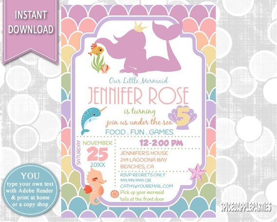 Mermaid Invitation, Under the Sea, Mermaid Party, Mermaid Birthday, Mermaid, Under the Sea Party, Girls Birthday, Little Mermaid Il_570xn