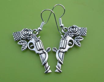 DOUBLE SIDED Guns and Roses Earrings, Guns N Roses Silver Pistol Dangle Earrings, Rock and Roll Jewellery