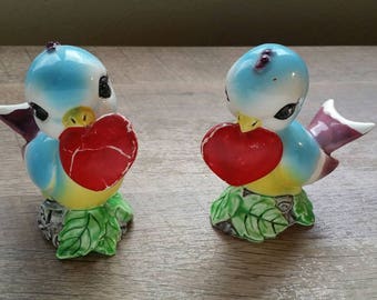 Vintage Bluebird with Hearts Salt and Pepper Shaker Set