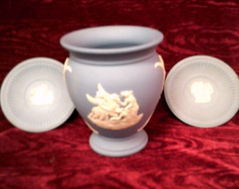 Vintage Wedgwood Blue Jasperware Vase & Two Mini Plaques