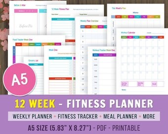 12 Week Fitness A5 Planner, Fitness Journal, Weight Loss Journal, Fitness Tracker, Weight Loss Planner, Fitness Planner Printable