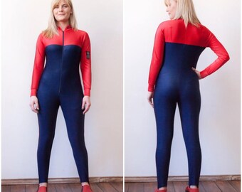Retro Sports Unitard One Piece Ski Suit Long Sleeve Stirrup Pants Jumpsuit Athletic Onesie Navy Blue Red Leotard Lycra Body Suit Medium S M