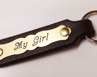 Engraved Leather Key Fob with 2 1/2" Ornate Custom Engraved Brass or Nickel Silver Plate