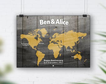 Yellow World Map, Travel Bucket List, Personalised Travel Map, 1st Wedding Anniversary Gift, 40th Birthday, Places We've Been, Wood Wall Art