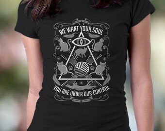 New Cat Shirt Mind Control Funny Cat T-Shirt Illuminati Kitty Mens and Ladies Womens T-Shirt Unisex Adult Sizes