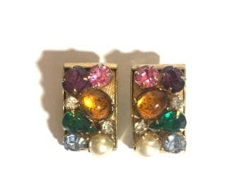 Leru signed clip on colorful rhinestone earrings- signed jewelry colorful rhinestone