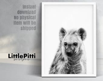 Hyena art, safari nursery wall print, safari animal art, black and white hyena, printable nursery decor, nursery art printable decor, hyena