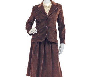 Vintage Clothing, 70s Suit XS S, Brown Corduroy Suit, Preppy Skirt Suit, Fall suit, Chocolate Brown, Collegiate, I Magnin, Retro, SIZE XS S