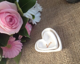Mother's Day handmade white ring catcher hearts with 24 carat gold 'Love You More' detail.
