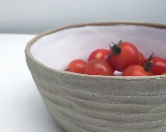 Etched stoneware white ceramic breakfast bowl
