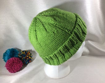 Green knitted hat, beanie, men's hat, women's hat, medium size, lime green, vegan knit, knitted fashion, vegan style, brimmed