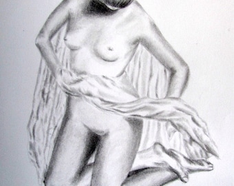 Ellie, 2017. Original Pencil Drawing Erotic Nude Naked Woman Sexy Erotic Art Pencil on Paper Female Body Study Fine Pencil Art