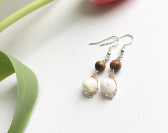 Tiger Eye Earrings, Mother Of Pearl Earrings, Clip On Dangle, Protection Crystals, Protection Amulet, Gift For Her, Healing Jewelry, UK Shop