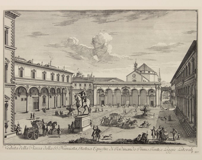 Engraving "A view of the Piazza della Santissima Annunziata, Florence, with the Ospedale degli Innocenti" by Giuseppe Zocchi, 19 century